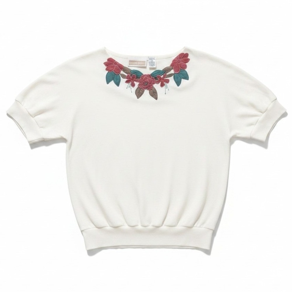 Season Ticket Womens Cream Floral Embroidered Short Sleeve Sweatshirt Top M
